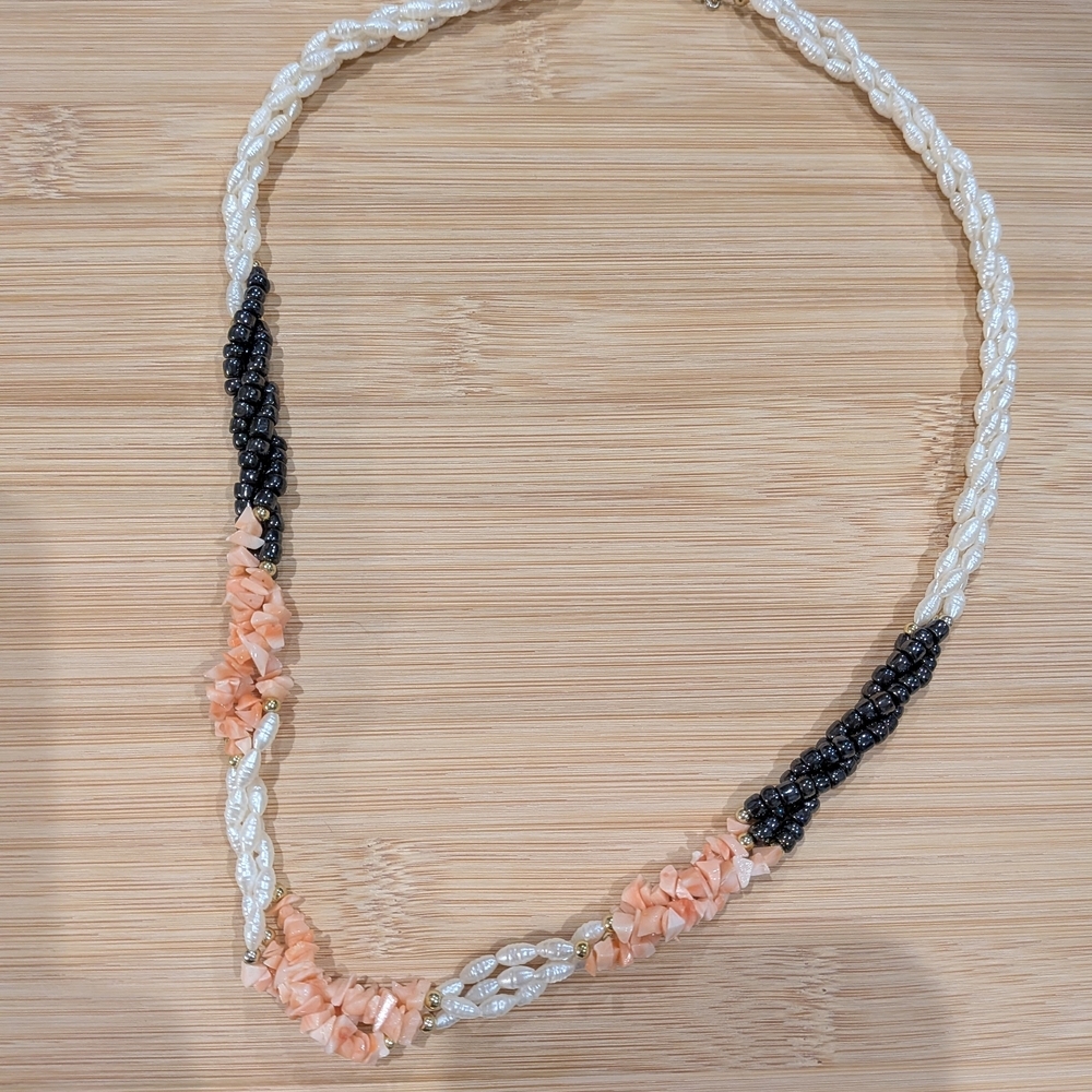 Coral Vintage Pink White Black Chipped Necklace